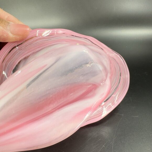 Vintage Sooner Glass Hand Made Pink Swirls Dish Bowl With Handle Basket Handmade - Picture 3 of 14
